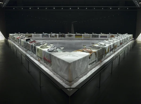 Judy Chicago (American, born 1939). The Dinner Party , 1974–79. Ceramic, porcelain, textile, 576 × 576 in. (1463 × 1463 cm). Brooklyn Museum, Gift of the Elizabeth A. Sackler Foundation, 2002.10. © Judy Chicago. (Photo: Donald Woodman)