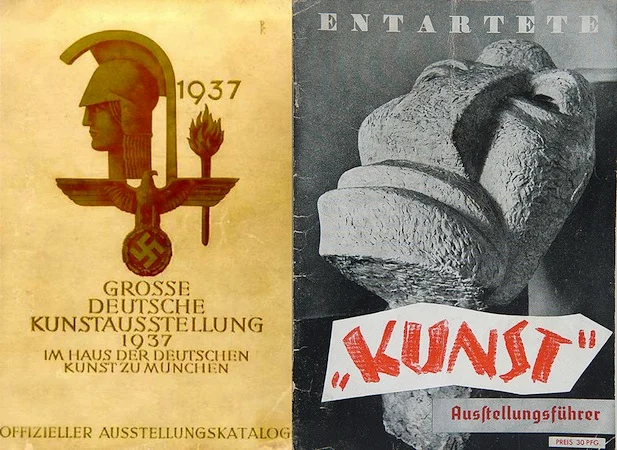 Great Exhibition of German Art catalogue cover, 1937 (left) and Entartete Kunst (Degenerate Art) exhibition, catalogue cover, 1937 (right)
