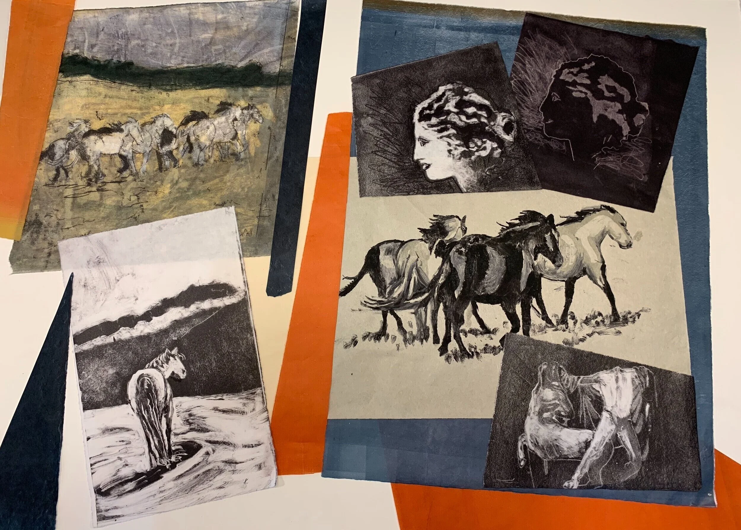   Horses Collage I,  Collaged Monotype, 30 x 40 inches, 2020 