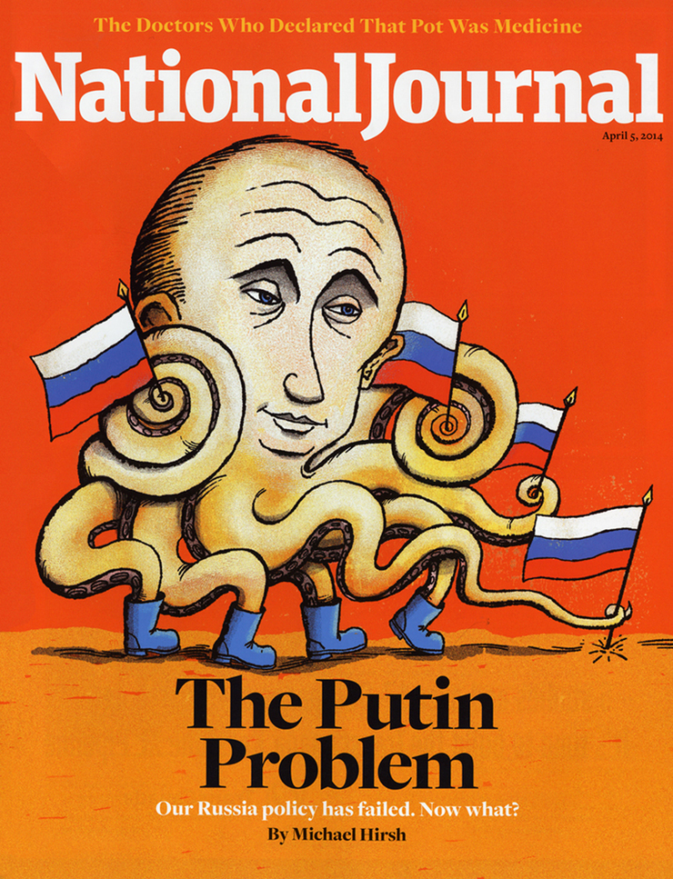Here's Vlad. I don't often do caricatures or portraits, but people commission them anyway and Putin's easy. When I worked for Time, I'd just cut out a photo of a head and stick in on a crudely drawn body, the rougher the better. Always thought that was hilarious. This was for Jenny Livengood, art director, National Journal.
