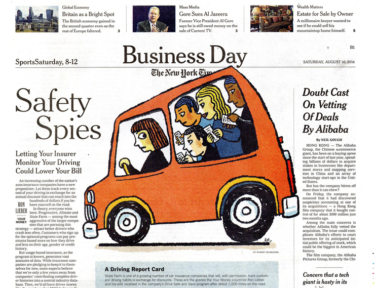 Here's a tear from the NYT Business section. I do this column every week. Playing with the digital brushes, I'm flirting with more of a sixties look. I've looked at Ben Shahn and other mid 20th century illustrators for their use of bold line and bright color. It's been really fun.
