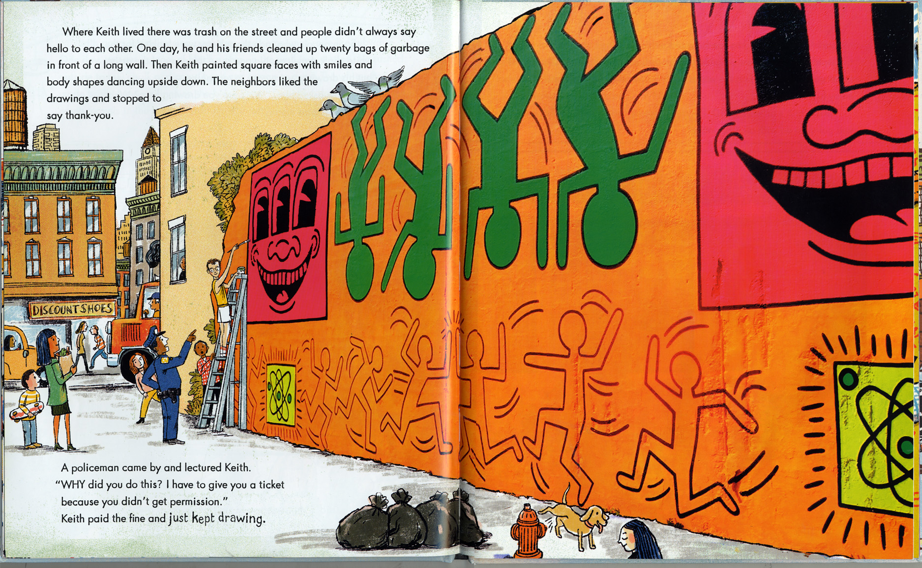 This looks better in the book- color's better. We had to work with Kay's photos, in spite of the million dollar budgets that children's books have, we couldn't afford to buy rights to any photo of Keith's murals we wanted. The art was different as the Foundation owns the rights- so I designed around what we had and Jasmin and I restored the shot as best we could. I think it came out great. I once worked with J.C. Suares at Push Pin Press. We were doing a trade paperback called "The Great Disasters". I said to J.C." But J.C., the Hindenburg crash only killed 26 people- the Yellow River floods of the 1920's killed hundreds of thousands..." J.C. replied: "A great disaster is whatever we have great pictures of." Just so.