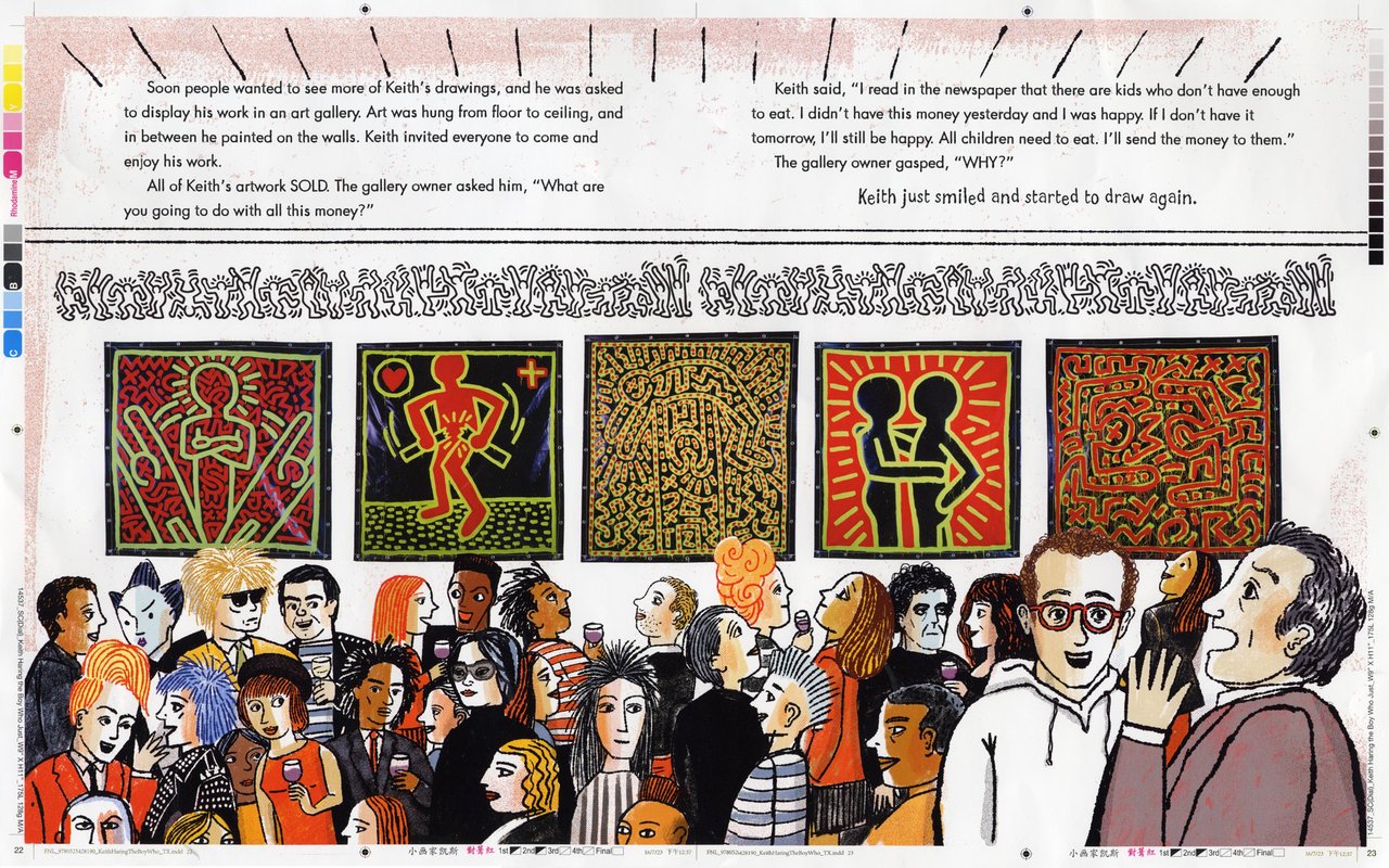 I wasn't at this opening, but everybody heard about it. I added a few people that I like, Klaus Nomi, Ann Magnuson (who I remain desperately in love with-I'll never forget the Lower East Side Ladies Auxiliary from Club '57...) There's Lou Reed and Jeni Muldaur, his bandmate. There's John Sex, Basquiat, Yoko, Grace Jones, and next to Andy, my dear friend Ronnie Cutrone, who worked as Andy's assistant for ten years and died too young. I kinda had to draw Shafrazi, Keith's dealer, although I never forgave him for vandalizing Guernica. Yeah, that Guernica.