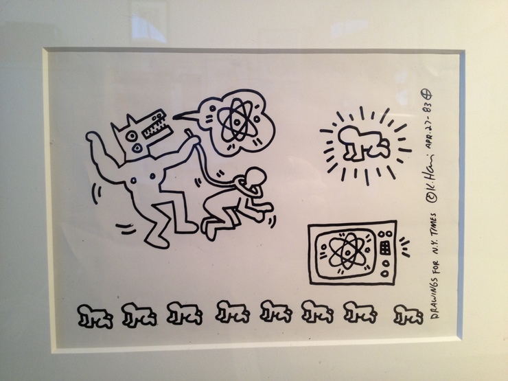 This is one of my Haring stats (as in photostat) When I was a kid working at the New York Times, the grownups were all on vacation, and another kid, Lisa Powers, had the art direction of the Op-Ed page for a week. A piece on The Three Mile Island Nuclear Disaster came across her desk and I wanted to call Andy Warhol to illustrate it (hey, why not? it is the Times...) She called Keith instead. He came up with a beautiful set of nuclear themed drawings- something that he was very concerned about. At the Times, photostats were made and the originals returned. Later, the stats were discarded. I kept them. I shared these with the foundation, and the originals, sadly, are lost. I never knew Keith, but I saw him often, and in doing this book, I am absolutely amazed at the quality, breadth and depth of his output in only ten short years. What a treasure he left the world, I hope this book will introduce a whole new audience to it. That's it. I'll get in trouble with the publishers for posting too many spreads, but this is "to the trade", so there. The book comes out Valentine's Day, as a tribute to Keith (Kay's idea). Robert Neubecker, Park City