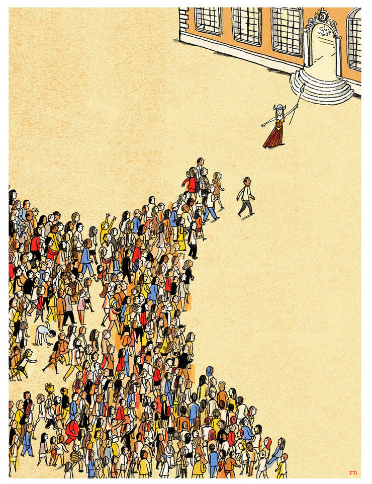 This was for Trent Johnson, Opera News, about bringing more people into the opera. I was playing clean up for someone who'd had trouble with the assignment, something I used to do often- and I had only a day or two to do it. I liked the big Brunhilda, but we went with the crowd instead. Crowds are hard, er, numerous....