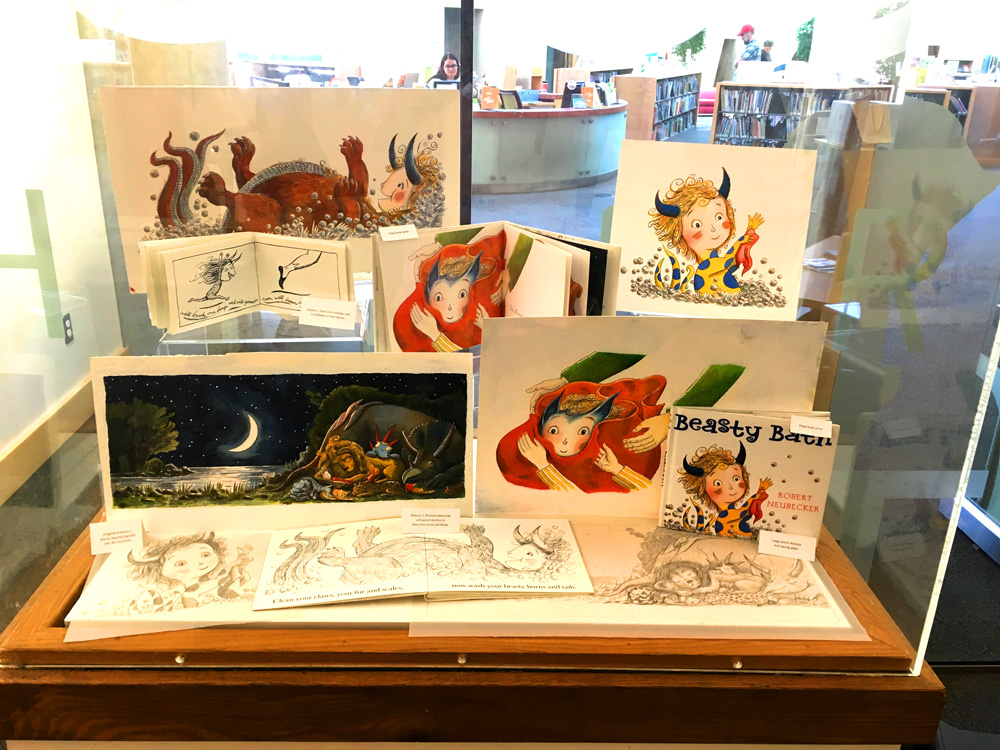 With Beasty Bath, We showed the whole process from thumbnail dummy, sketches, pencil dummy, watercolor originals, and printed book.