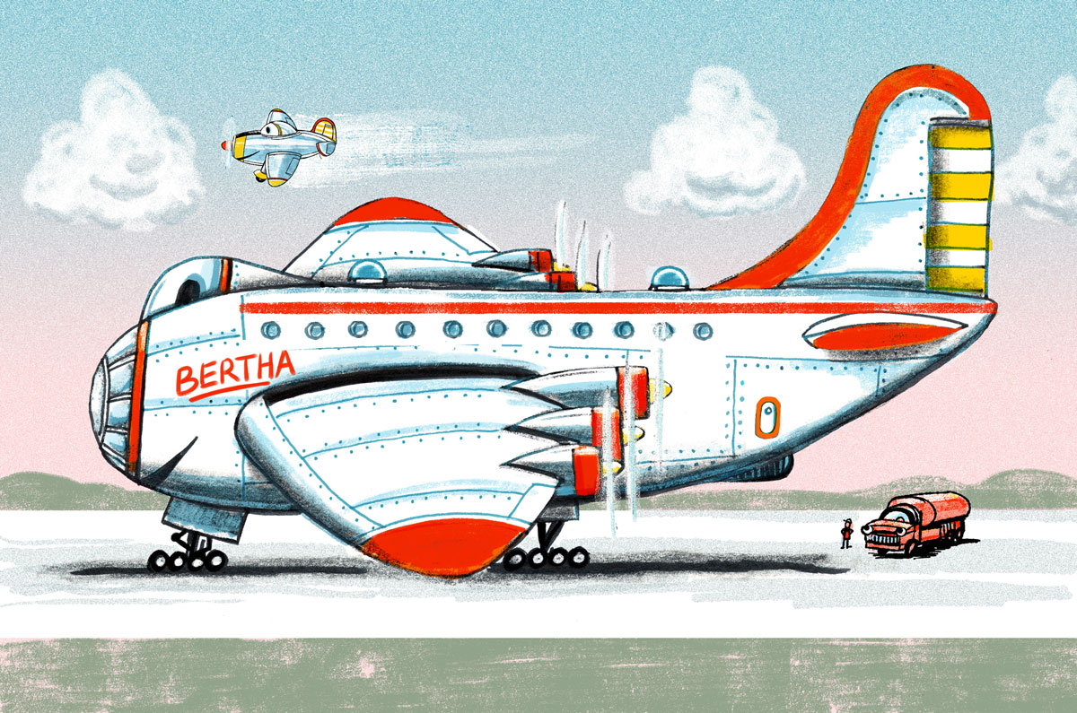  The original Bertha: The idea was to draw something as far away from Disney’s Planes as possible. In the end, a six engine pusher B-29 was set aside in favor of a 747 jet tanker… 