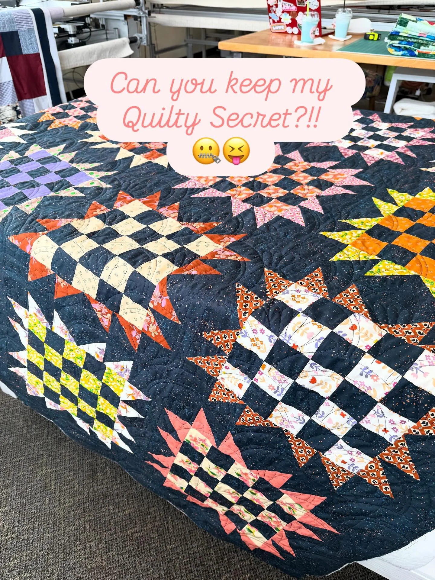 Ok can you keep a secret?!! 🤫 

Sometimes I sneak my own quilts onto the Longarm! And last week I snuck this one on! I call it &ldquo;Midnight Garden&rdquo;! I used the Sunflower Patch pattern from @patchanddot with the #flowerbasket2panto from my g