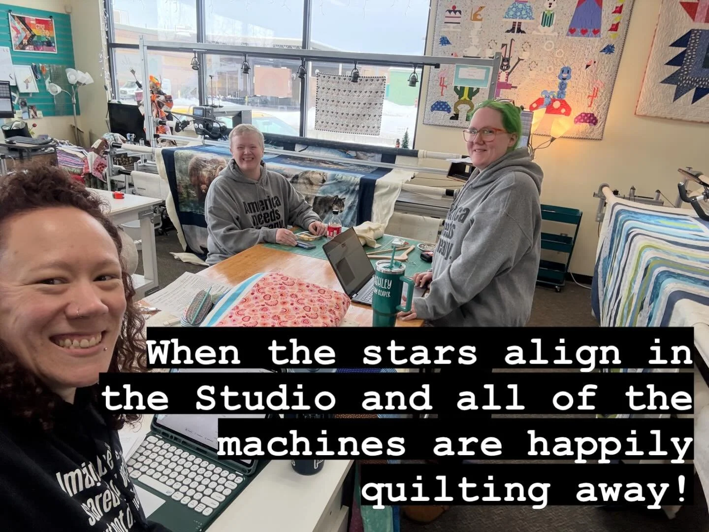Just a little break for us all because all the machines are happily working away! 

#longarmquiltingstudio #edgetoedgequilting #alaskalongarmquilter #doodlequiltingstudio #workingstudio