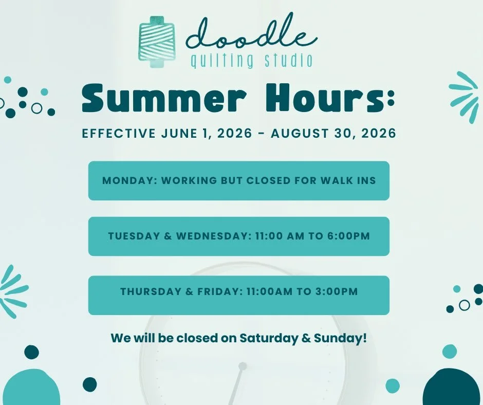 Heads up my Quilty Friends!! We are moving to summer hours starting on Monday, June 1st! That means this Sunday is your last Sunday to come in until September! 

We will have some extended weekday hours though! Excited to see how this goes! Come see 