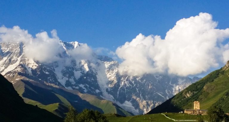 In Ushguli which is the highest village in Europe at 2100 meters and a view of Shkhara which is the highest peak at 5158 meters.