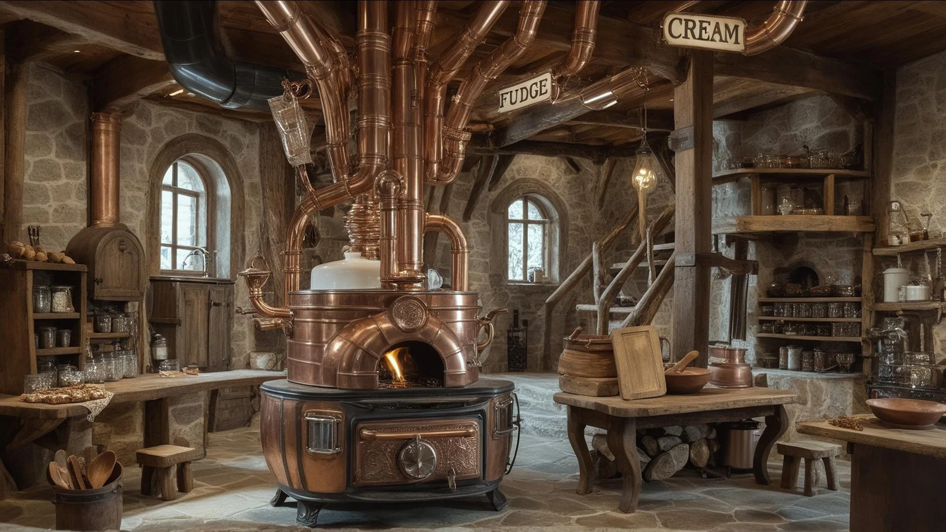 Copper pipe system above a vintage stove in a rustic kitchen, labeled for chocolate, fudge, cream. Wooden beams and stone walls.jpg