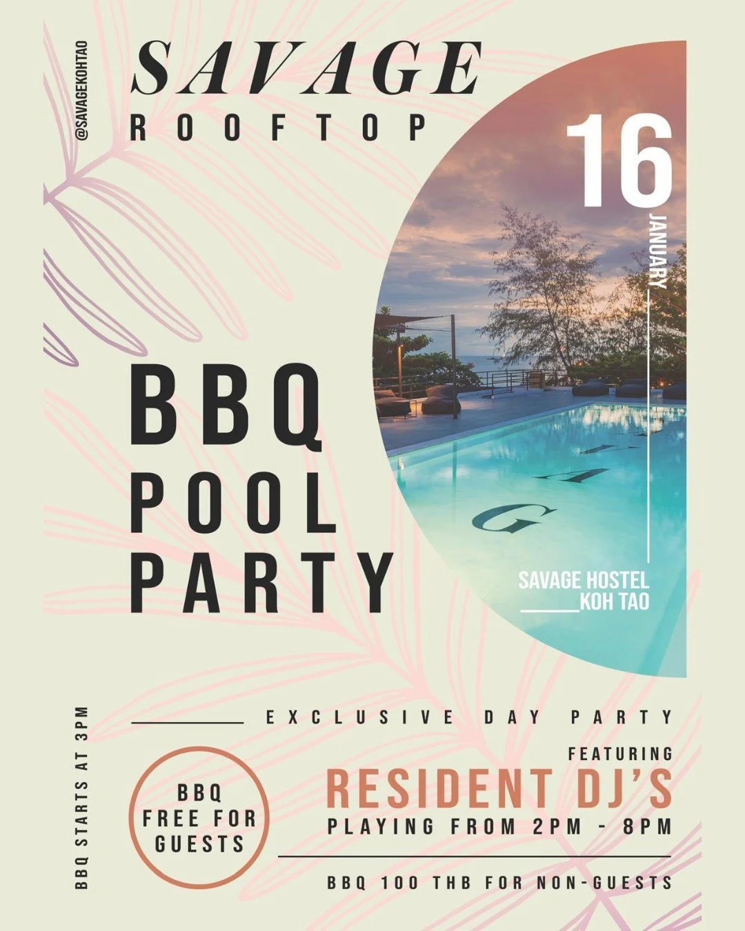 🔥 BBQ POOL PARTY @ SAVAGE HOSTEL 🔥
📍 Top Floor Savage Hostel, Koh Tao

Tomorrow we&rsquo;re turning up the heat ☀️
Join us for a chilled afternoon pool party with good vibes, good food, and good music.

🕑 DJ starts: 2PM
🍖 BBQ starts: 3PM
🕗 Ends