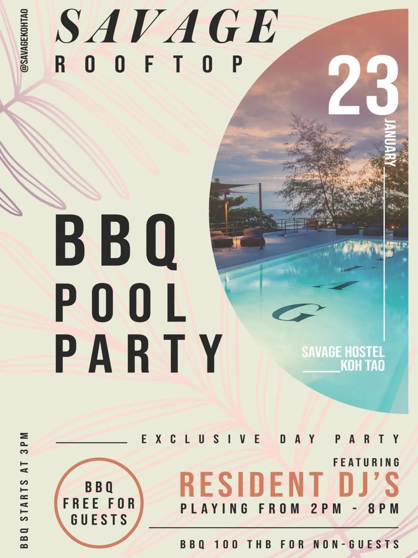 🔥 BBQ POOL PARTY @ SAVAGE HOSTEL 🔥
📍 Top Floor Savage Hostel, Koh Tao

Tomorrow we&rsquo;re turning up the heat ☀️
Join us for a chilled afternoon pool party with good vibes, good food, and good music.

🕑 DJ starts: 2PM
🍖 BBQ starts: 3PM
🕗 Ends
