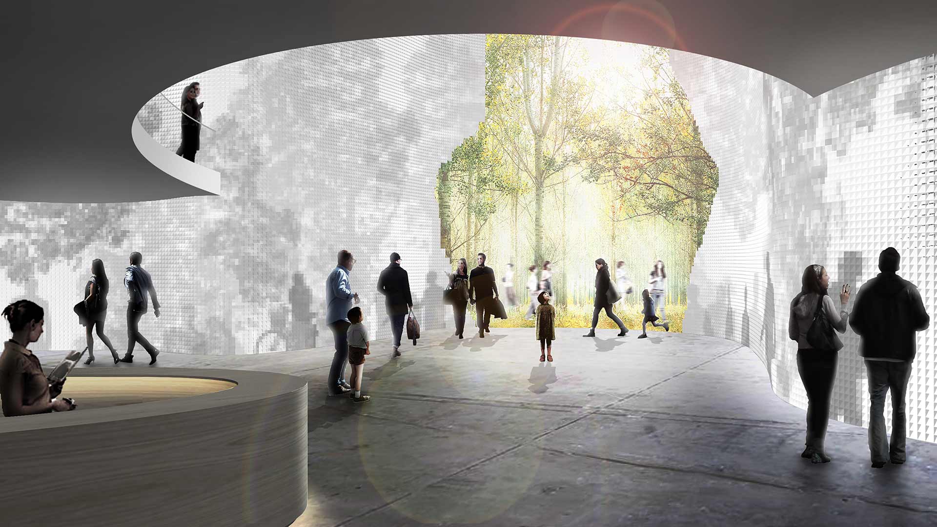 A wall made out of PIXEL can be both straight and curved. It can be used as spatial partitions, and also as exterior material. I believe it can also be used as sliding walls, or even as retrofit windows. This is an image of PIXEL during the day, used to create a pavilion.“Light and shadow” will fall upon the wall to create a beautiful effect.