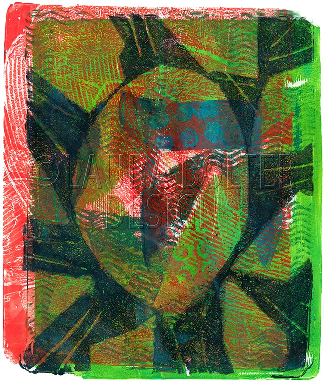 Red & Green Oval 8 x 10 monoprint
