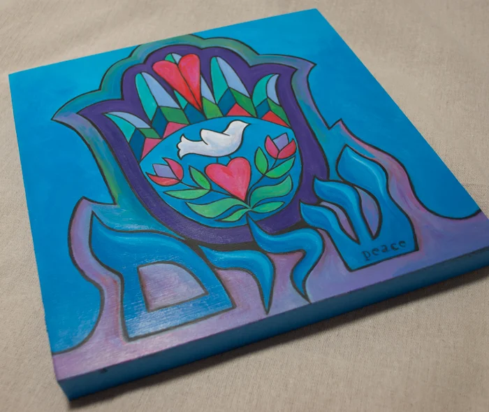 In progress: Shalom Hamsa, 10 x 10, acrylic on cradled wood panel