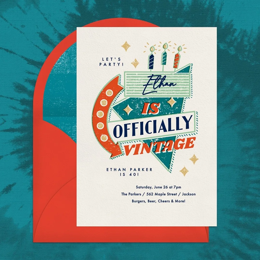 Like the old, worn concert t-shirts you've kept from way back when, this invitation design, featuring a vintage style neon sign, has that weathered and distressed look. It's a playful jab at the aging birthday honoree. Party hearty and boogie down! N