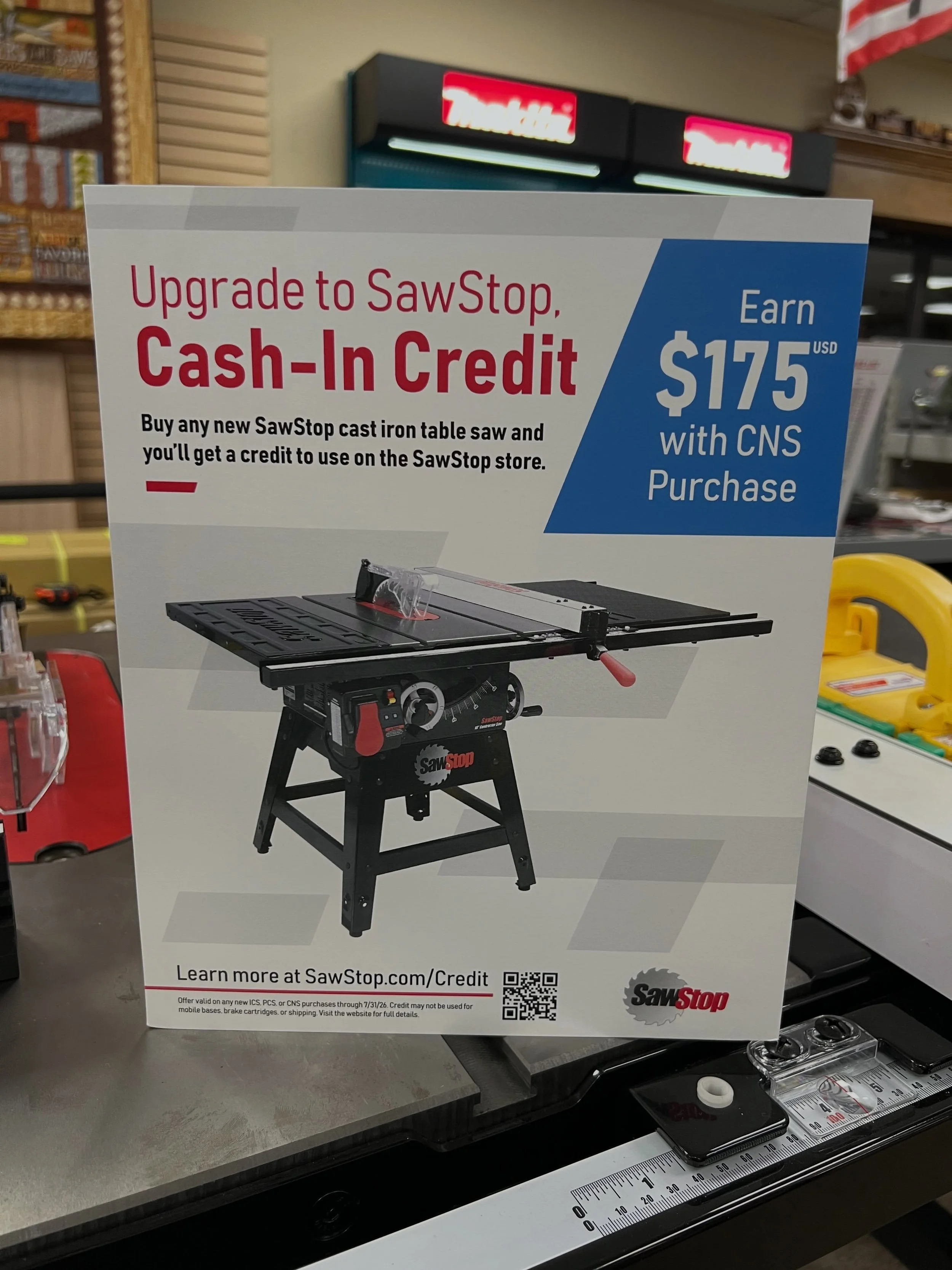 ATTENTION!!! If you are looking to purchase a NEW table saw, or upgrade your old one, time is running out for the @sawstopsaws Cash-In-Credit promo. Save up to $450, depending on the model you buy to use at the Sawstop store.  Table saw accidents hap