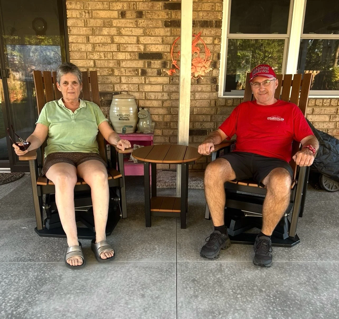 Thank you Jeannine McCrae for purchasing 2 of the African Mahogany Bendel Swivel Gliders from @marksmachinery.  These look great on your new back porch.  Now until the end of the year all our remaining 2026 Dutchboy Poly Outdoor Furniture is 20% off.