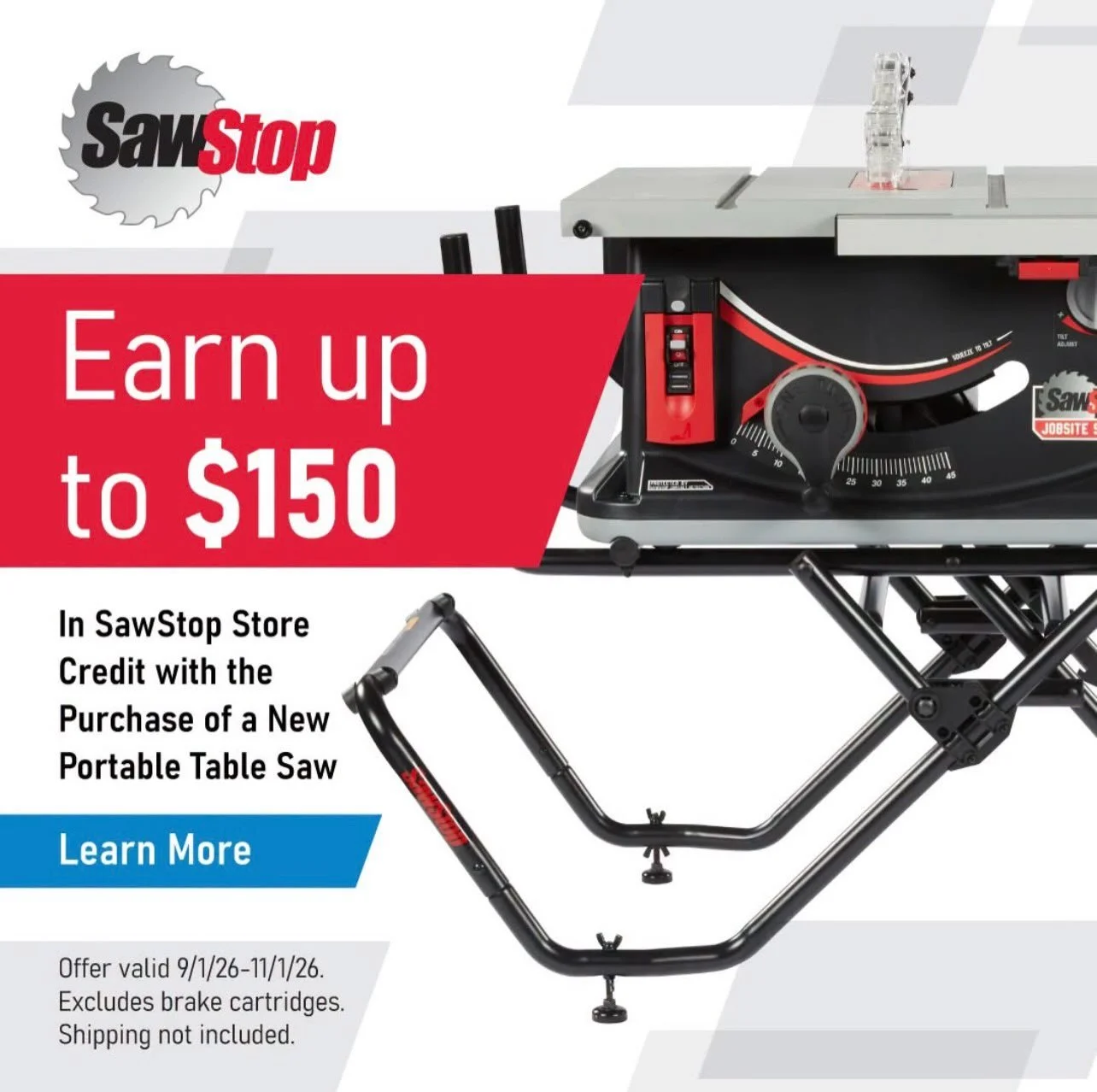 The clock ⏰ is ticking to take advantage of the Fall @sawstopsaws Cash-In-Credit Fall Promo. Earn up to $150 in free accessories with the purchase of a compact or Jobsite tablesaw. Promo ends 11/1, so &ldquo;Don&rsquo;t wait for an accident&rdquo;. B
