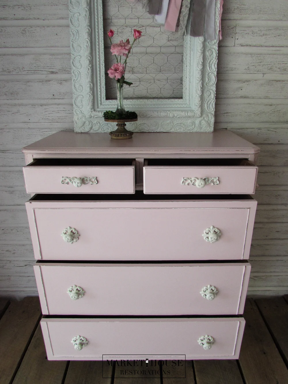 open lace back dress Swedish 3-Drawer Chest – Beveled Drawers & Distressed Pink-Green Finis – Le  Chateau main image 1