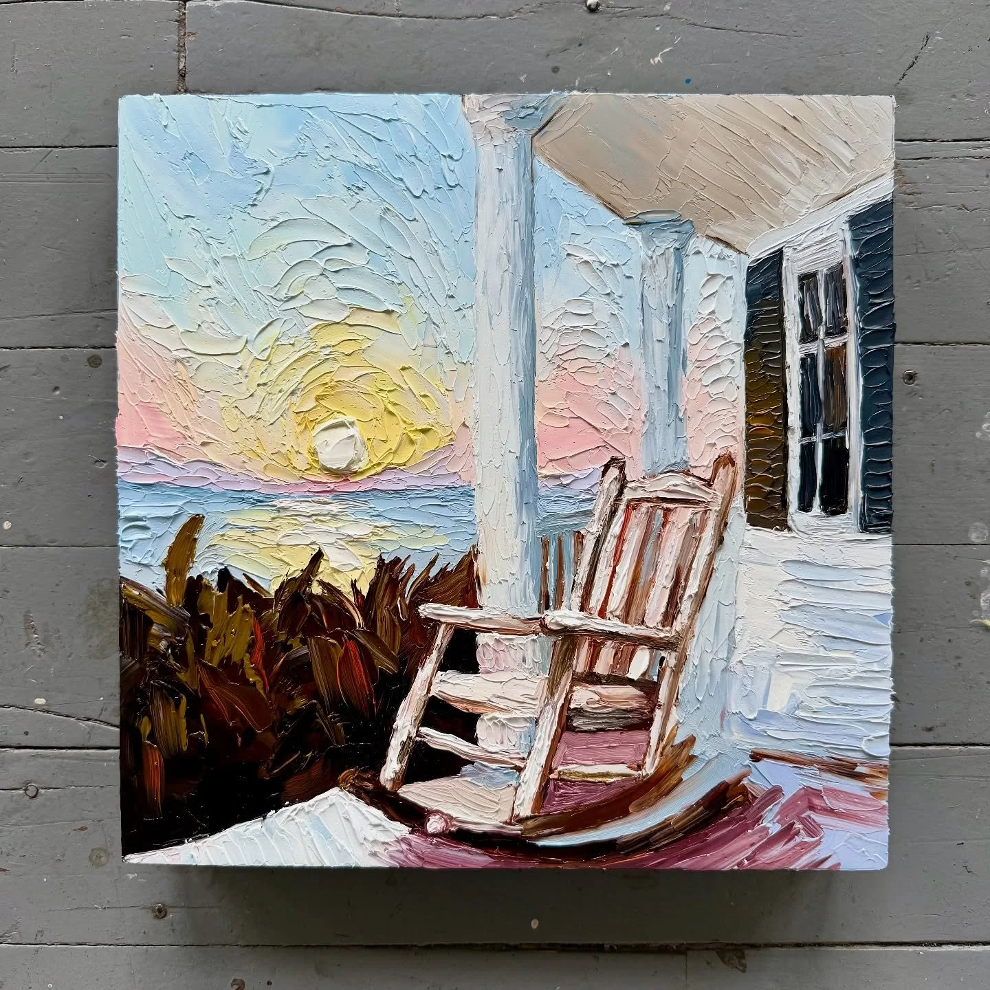 Southern Sanctuary - Fresh off the easel.
Heavy impasto work with the palette knife creates texture you can feel from across the room. That weathered porch, the worn rocking chair, golden hour light cutting through - there&rsquo;s something about the
