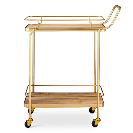 Gold Metal, Wood, and Leather Bar Cart