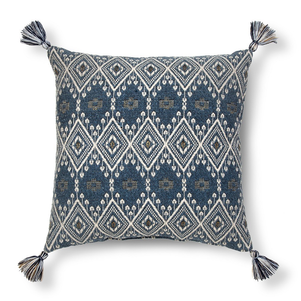 Blue Metallic Woven Tassel Square Throw Pillow
