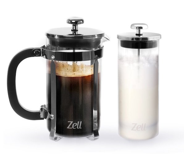 Zell French Press Coffee Maker with Stainless Steel Frame and Glass Milk Frother Set
