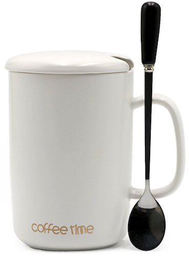 Ceramic Mug with Lid & Spoon, White (15 oz)