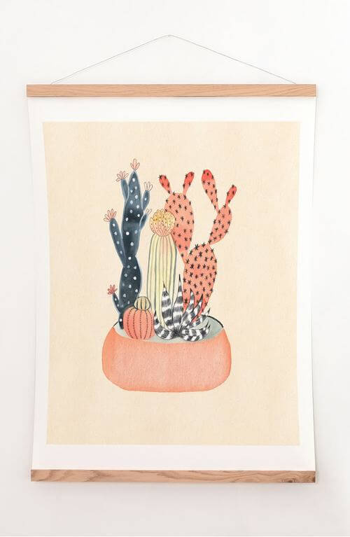 Cactus Print & Oak Hanger