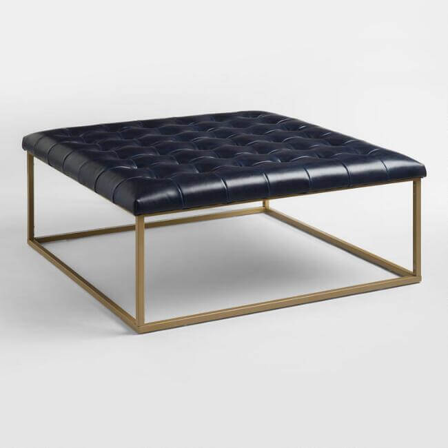 Navy Bi Cast Leather Skylar Ottoman 