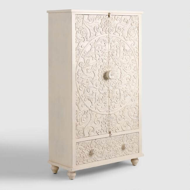 White Carved Wood Floral Armoire 