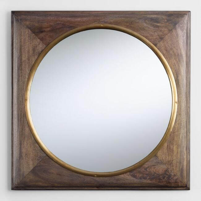 Brass And Wood Inset Wall Mirror 