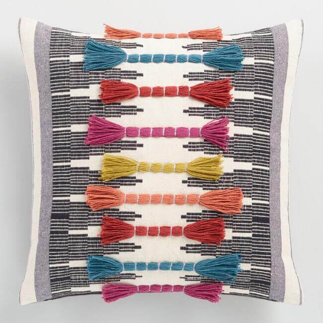 Multicolor Embroidered Tassel Throw Pillow 