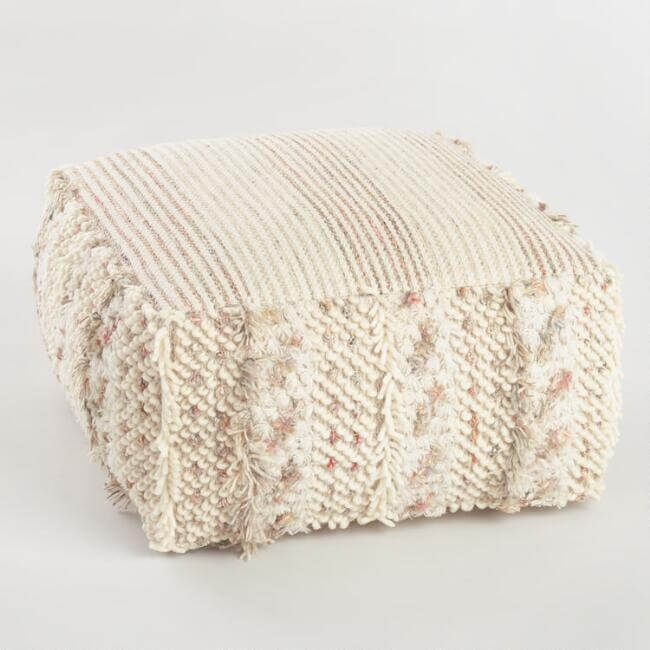 Neutral Stripe Boho Shag Pouf 