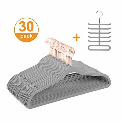 Grey Velvet Hangers (30 Pack) with a Grey Tie Rack