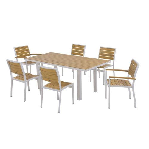 Polywood Euro Textured Silver 7-Piece Plastic Outdoor Patio Dining Set with Plastique Natural Teak Slats 