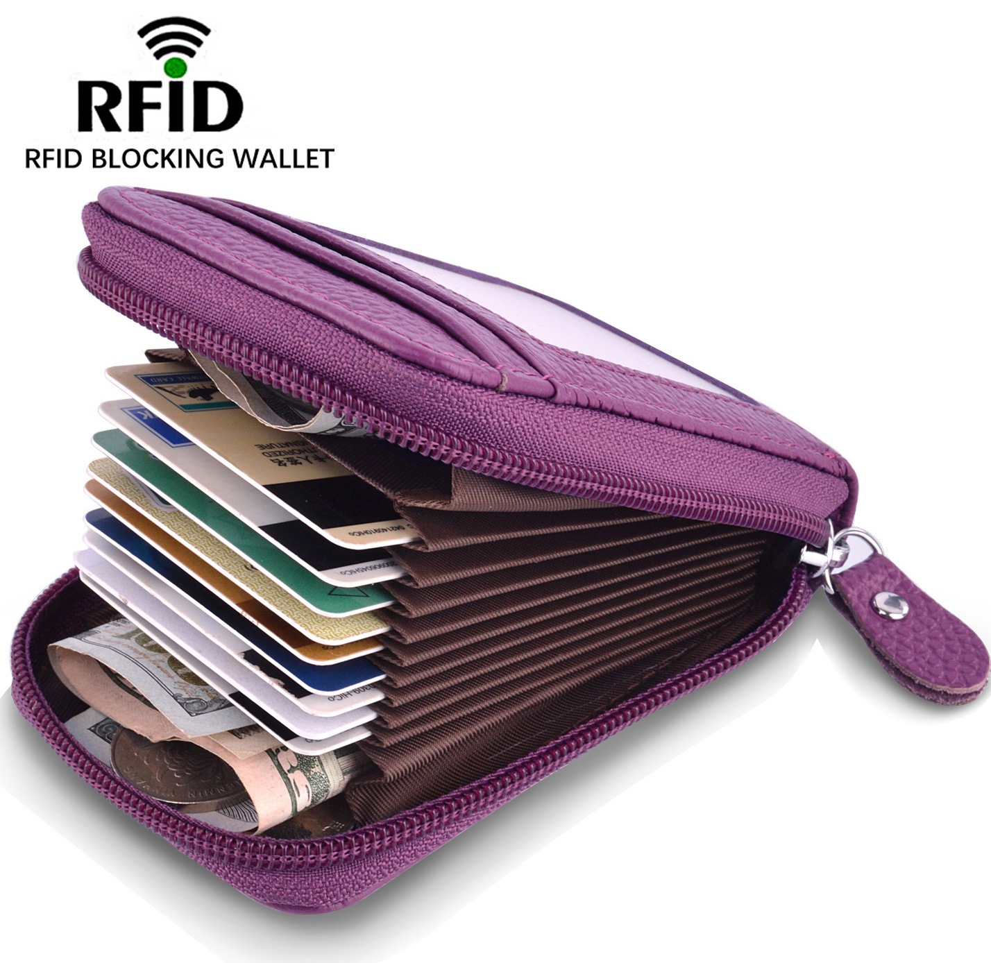 Womens Small Credit Card Wallet RFID Blocking Zip Card Case Holder Genuine Leather Organizer 
