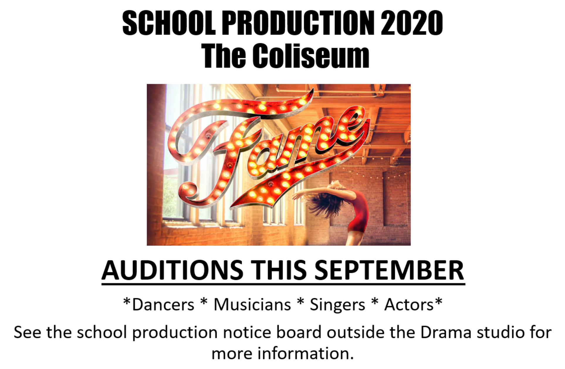 Very excited to announce our 6th school production! We will be bringing Fame to Aberdare in 2020! See the CA29 notice board for show info over the next two days. Auditions will be held in September!
