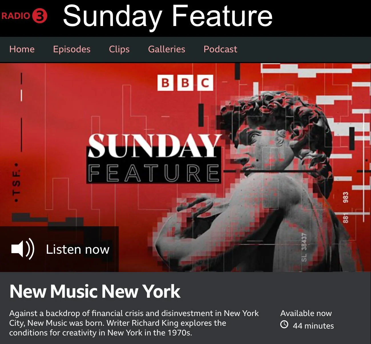 BBC Radio 3 Sunday Feature – New Music New York by Richard King