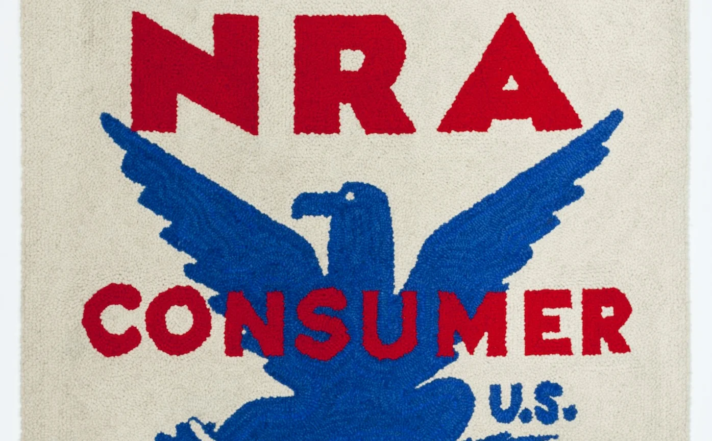 Dorothy Grebenak, “NRA Tapestry (National Recovery Administration)” (1963), wool, 54 x 41 in. (all images courtesy Allan Stone Gallery and the artist’s estate)