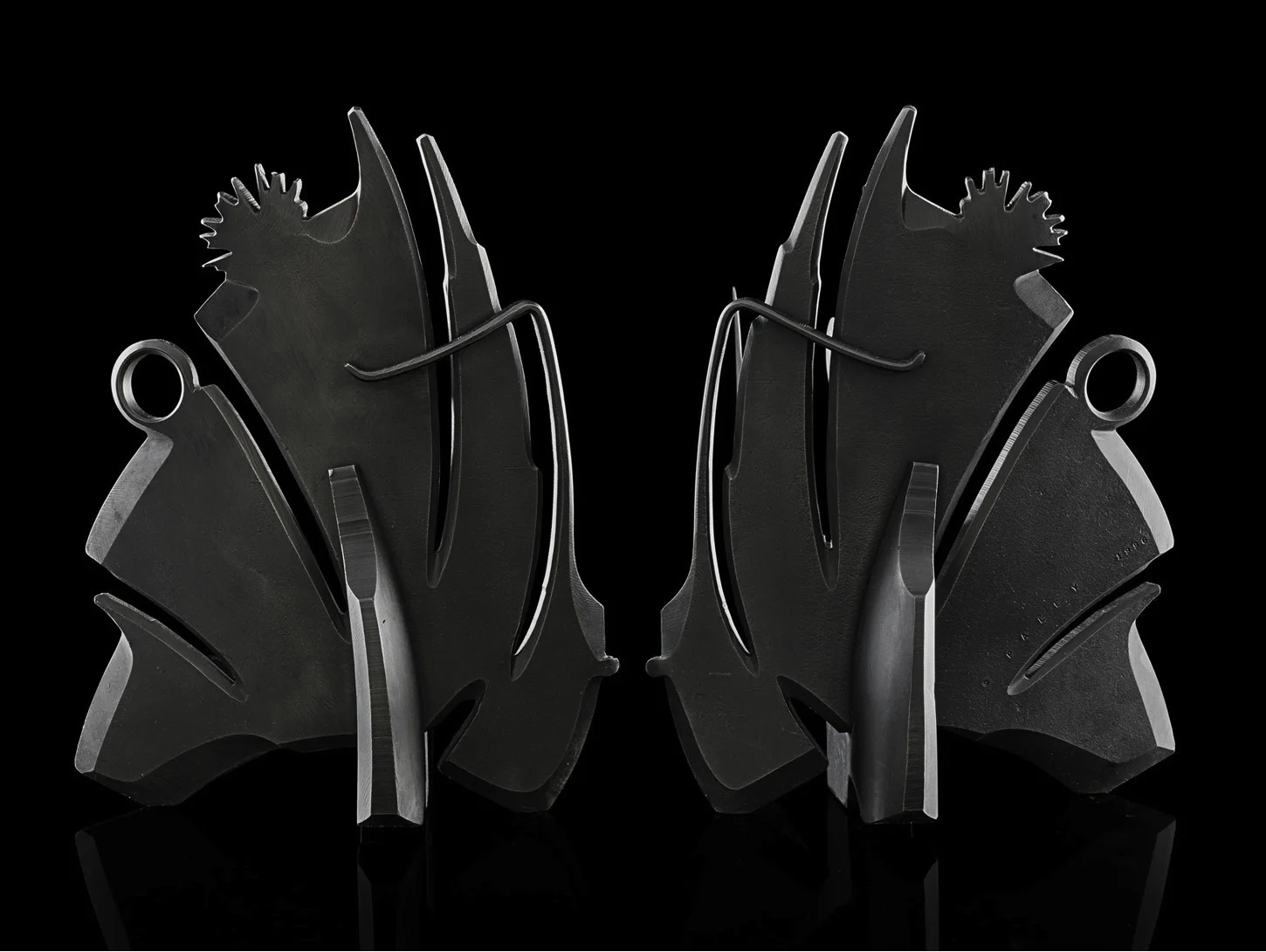 Pair of Fabricated andirons, edition of 20, 1996. Forged and fabricated steel with a blackened finish.