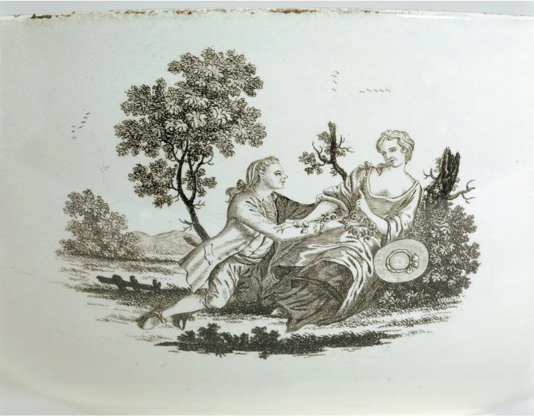 Transfer decoration on an earthenware punchbowl, attributed to the Herculaneum Factory, Liverpool, c. 1800. Victoria and Albert Museum.