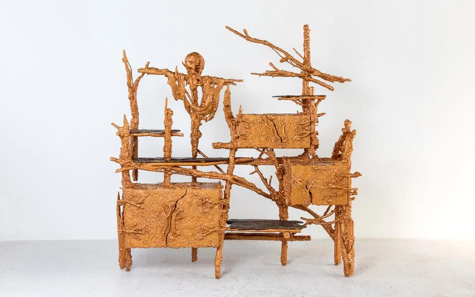 Chris Schanck, Banglatown , 2018. Steel, aluminum, wood, polystyrene, burlap, hide, resin.