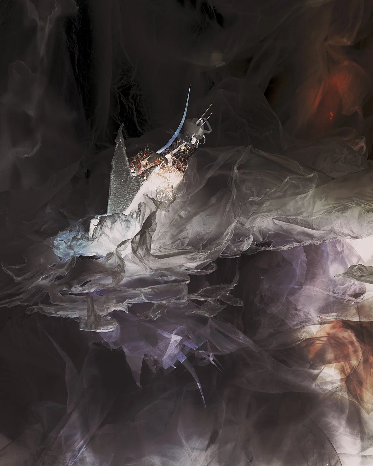  “Suffocant” 2025  Sculpture created from waste materials, photographed and printed 20 × 16” for exhibition at Shepherdstown Public Library, Shepherdstown, WV, October 2025 