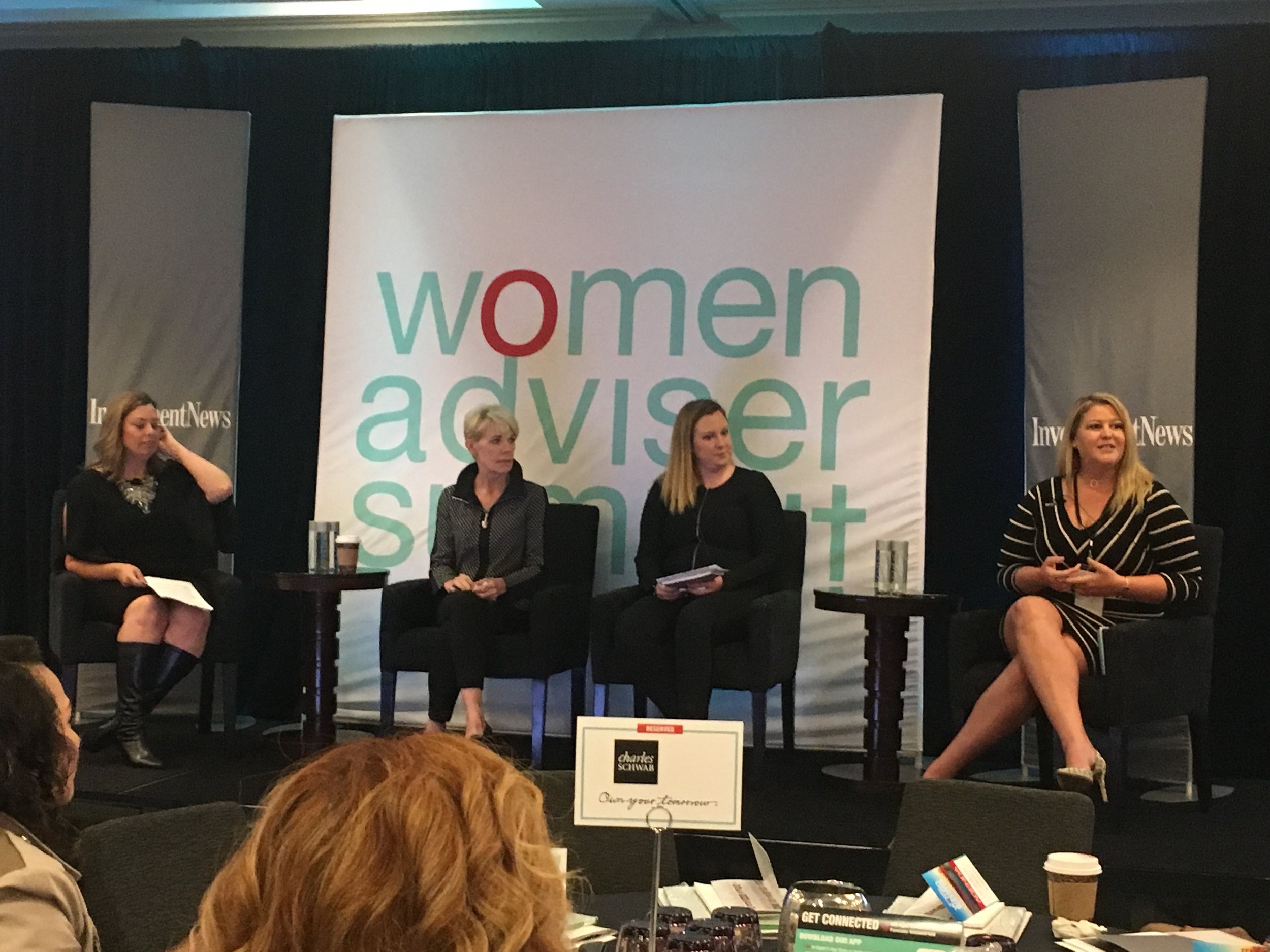  Cofounder of The W Source™ Hannah Buschbom (center right) discussing business growth strategies with Theresa Gralinski (left), Joni Youngwirth (center left) and Kristi Straw (right) at the InvestmentNews Women Adviser Summit in San Francisco, CA. 