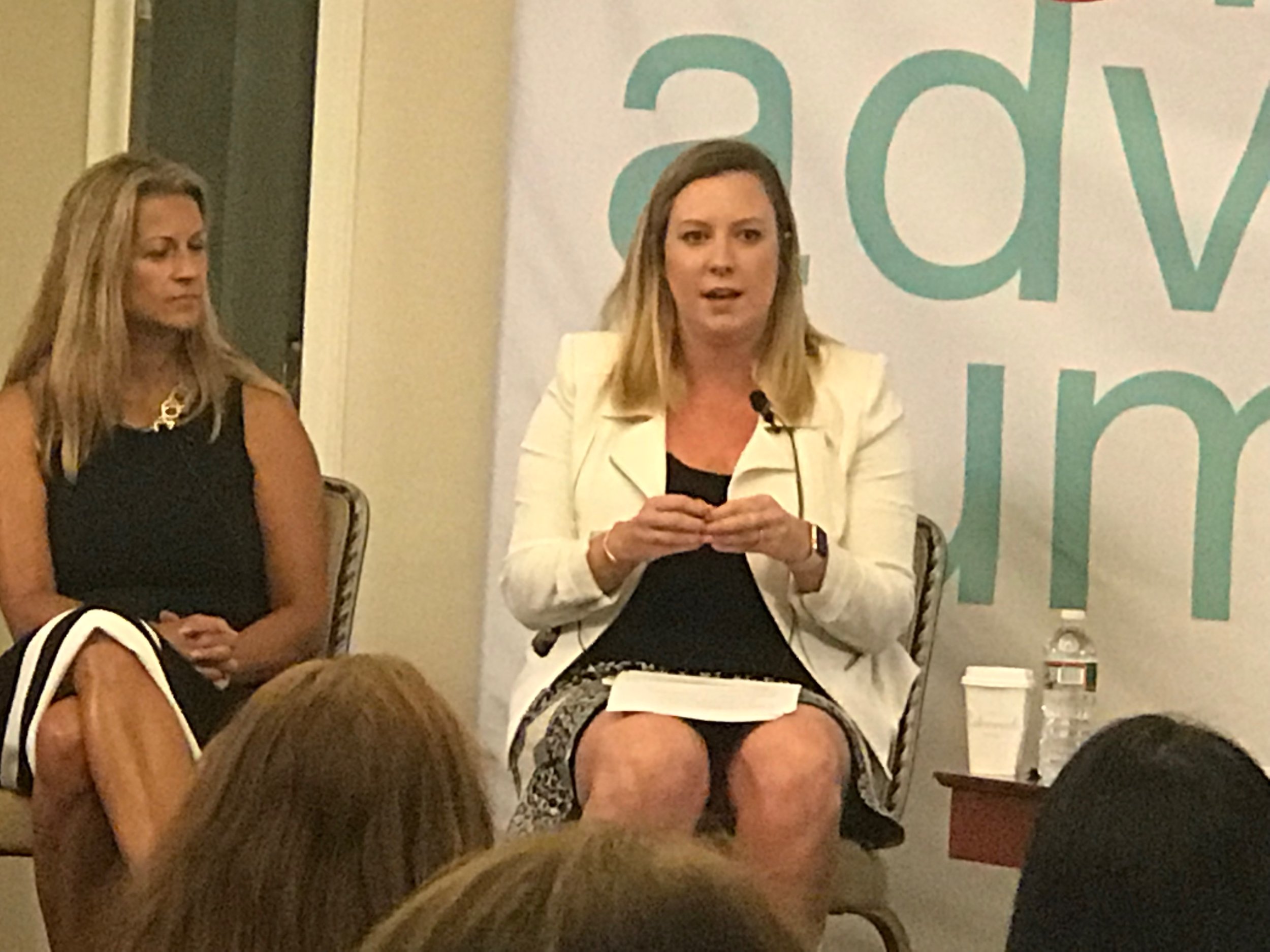  Cofounder of The W Source™ Hannah Buschbom (right) discussing business growth strategies on panel with Jennifer Baccarela (left) at the InvestmentNews Women Adviser Summit in Boston, MA. 