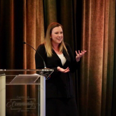Cofounder of The W Source™ Hannah Buschbom speaking to the Cambridge Community of Women on “Intentional Networking” at the Cambridge Women Advisers Summit in Fort Worth, TX. Photo Credit: @CambridgeIBD